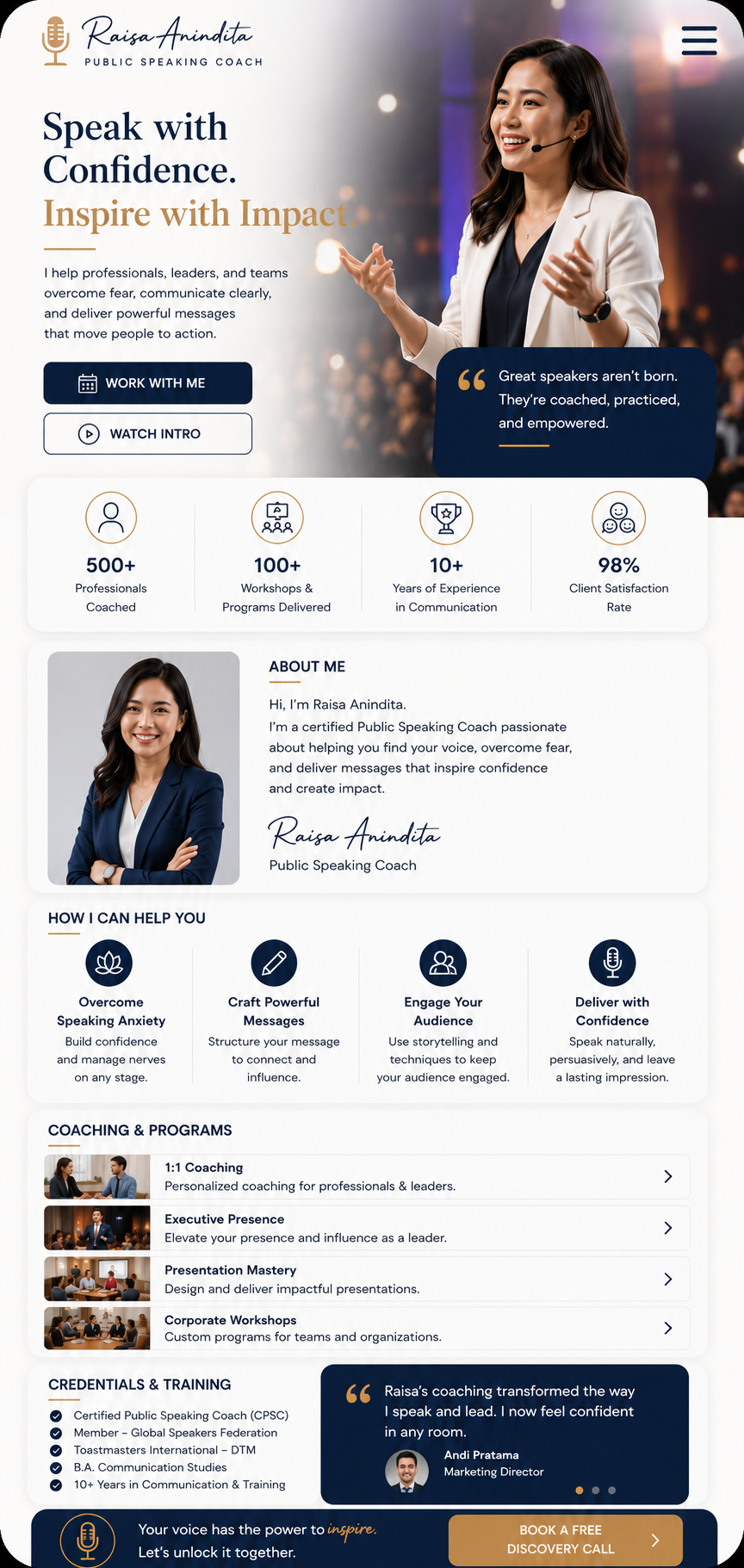 Preview mobile template landing page Coach Public Speaking