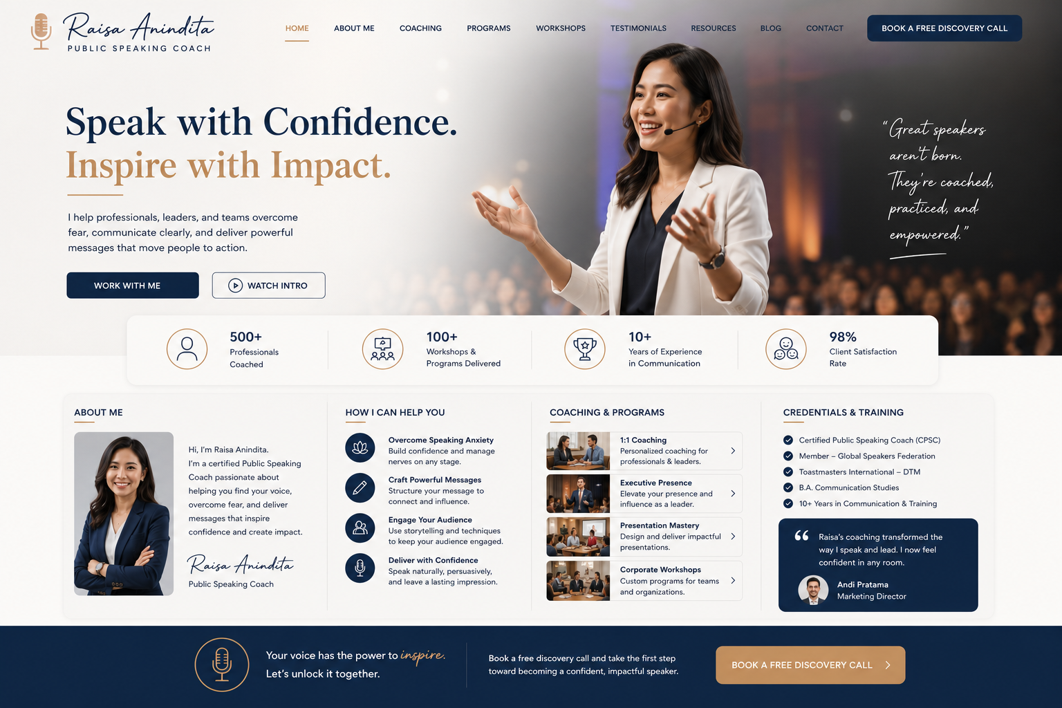 Preview desktop template landing page Coach Public Speaking