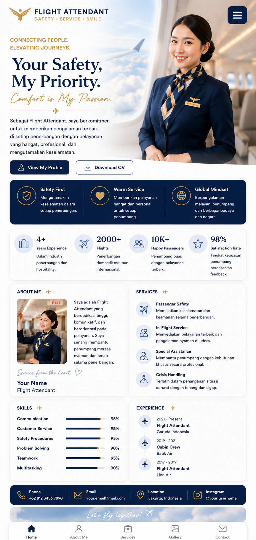 Preview mobile template landing page Flight Attendant