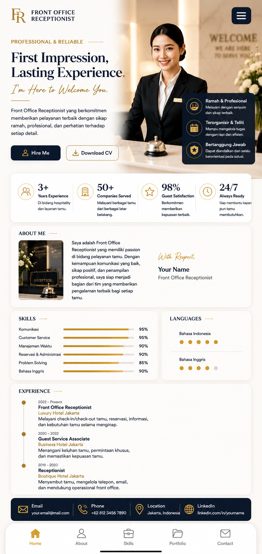 Preview mobile template landing page Front Office Receptionist