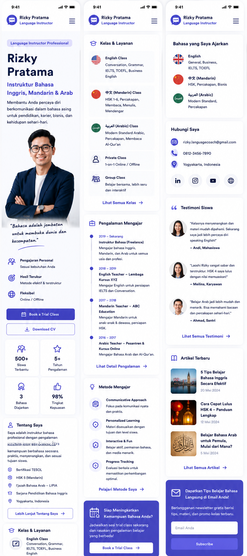 Preview mobile template landing page Instruktur Bahasa