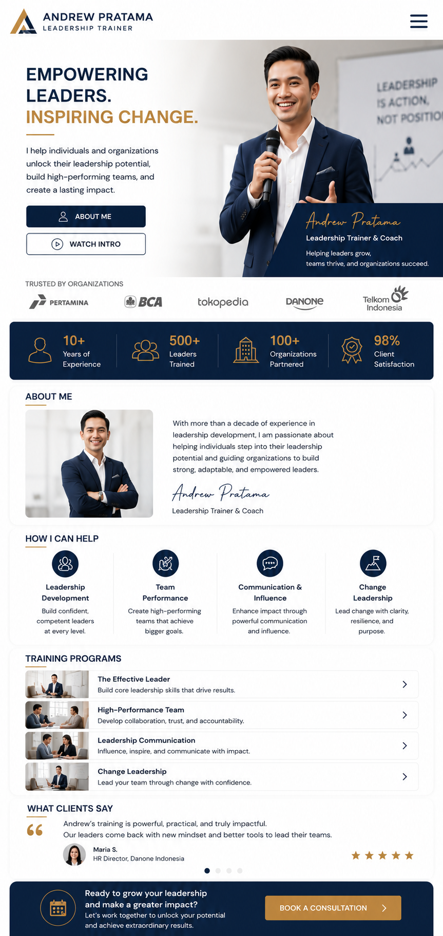 Preview mobile template landing page Leadership Trainer