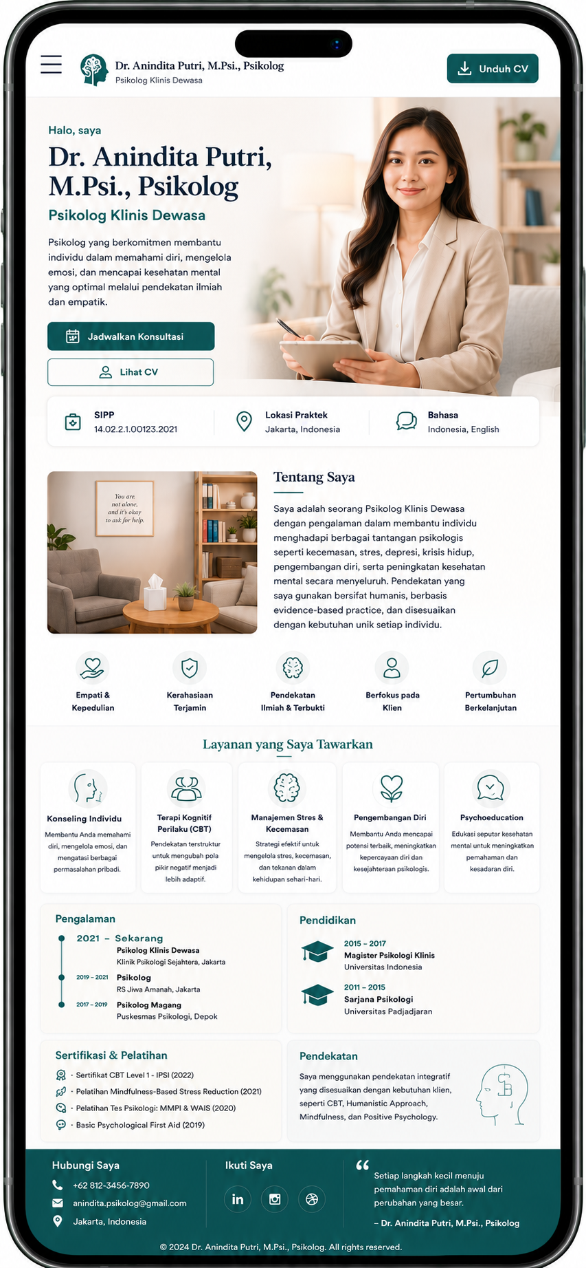 Preview mobile template landing page Psikolog Klinis
